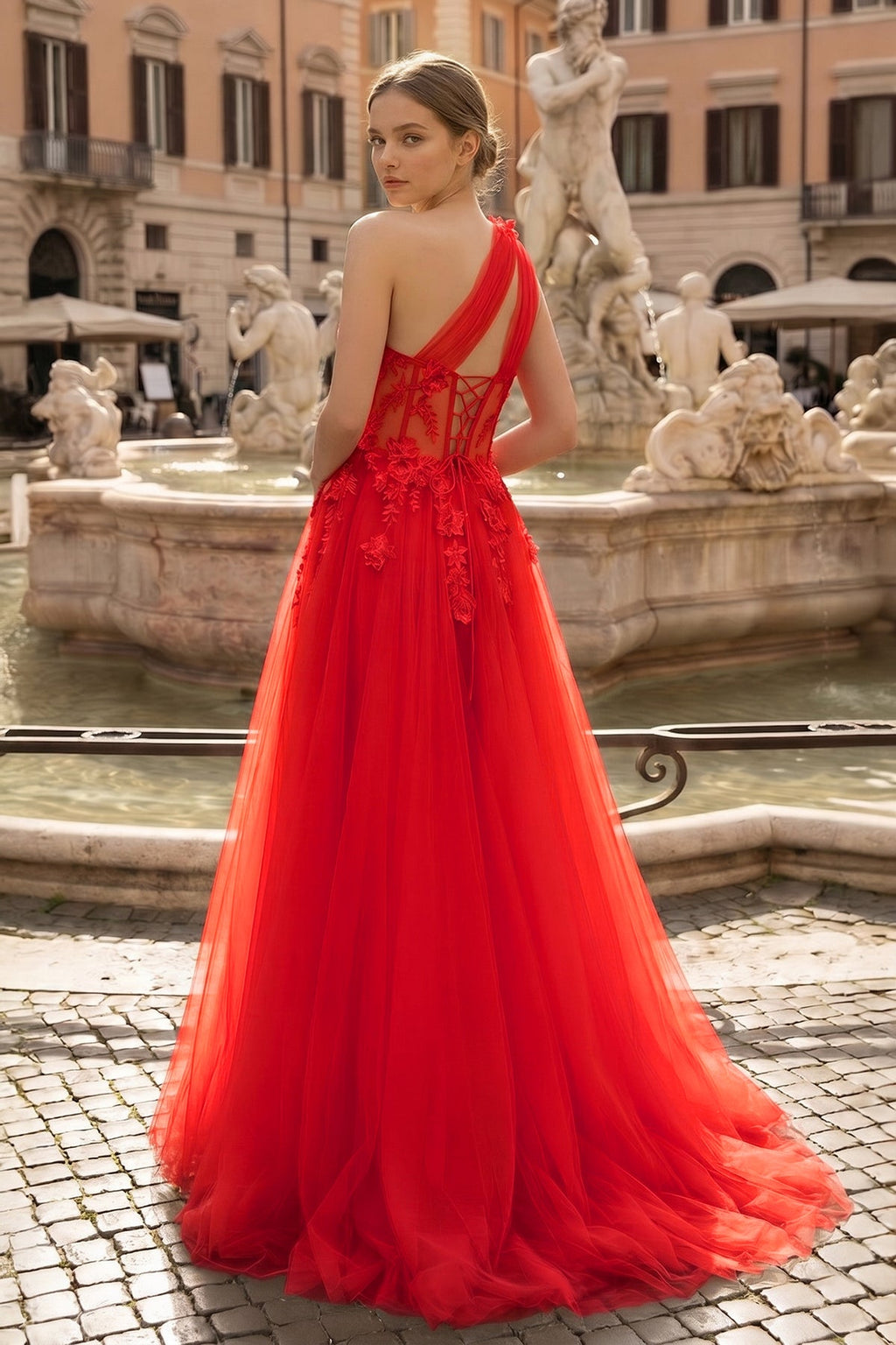 Light Yellow One Shoulder 3D Appliques Beading Long Prom Dress with Slit - Curvevia