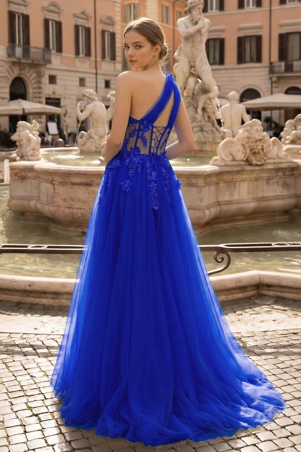 Light Yellow One Shoulder 3D Appliques Beading Long Prom Dress with Slit - Curvevia