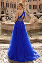 Light Yellow One Shoulder 3D Appliques Beading Long Prom Dress with Slit - Curvevia