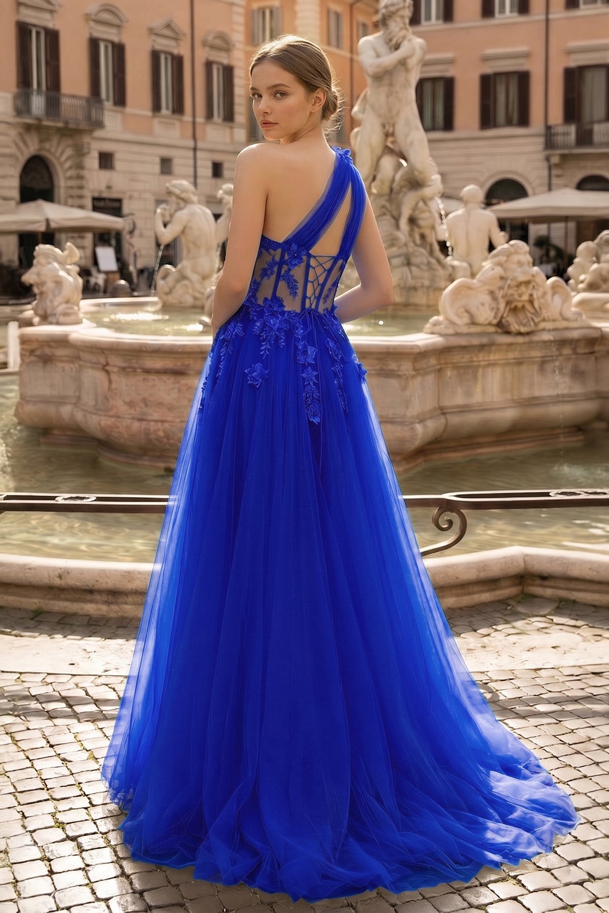 Light Yellow One Shoulder 3D Appliques Beading Long Prom Dress with Slit - Curvevia