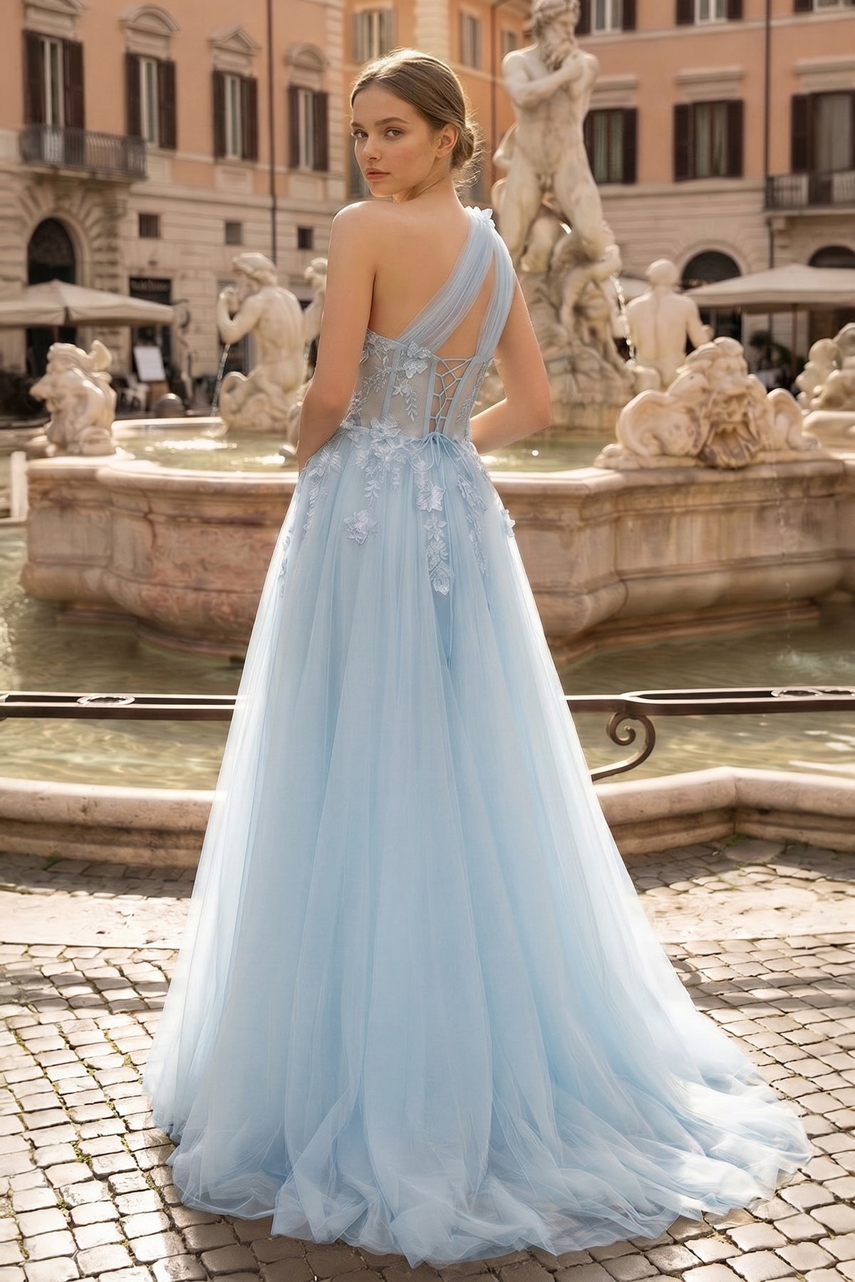 Light Yellow One Shoulder 3D Appliques Beading Long Prom Dress with Slit - Curvevia