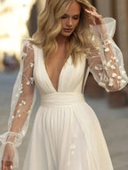 Long Sleeve Boho Flowy Wedding Dress Lace A-Line V-Neck Beach Gown with Split Front and Sweep Train - Curvevia