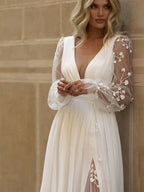 Long Sleeve Boho Flowy Wedding Dress Lace A-Line V-Neck Beach Gown with Split Front and Sweep Train - Curvevia