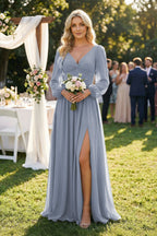 Long Sleeve V-Neck A-Line Chiffon Bridesmaid Dress in Twilight - Curvevia