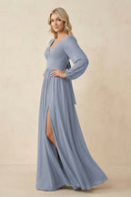 Long Sleeve V-Neck A-Line Chiffon Bridesmaid Dress in Twilight - Curvevia