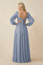 Long Sleeve V-Neck A-Line Chiffon Bridesmaid Dress in Twilight - Curvevia