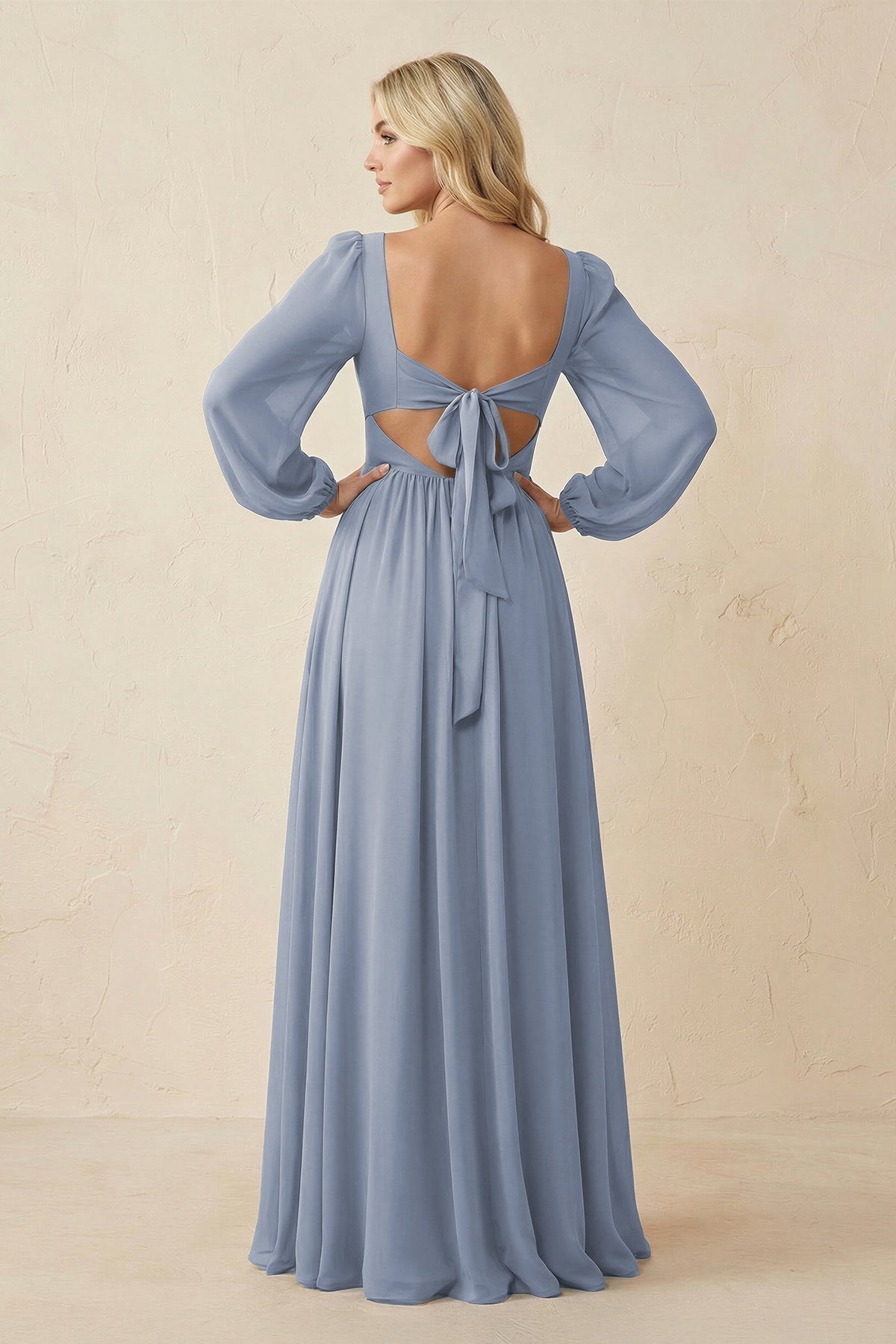 Long Sleeve V-Neck A-Line Chiffon Bridesmaid Dress in Twilight - Curvevia