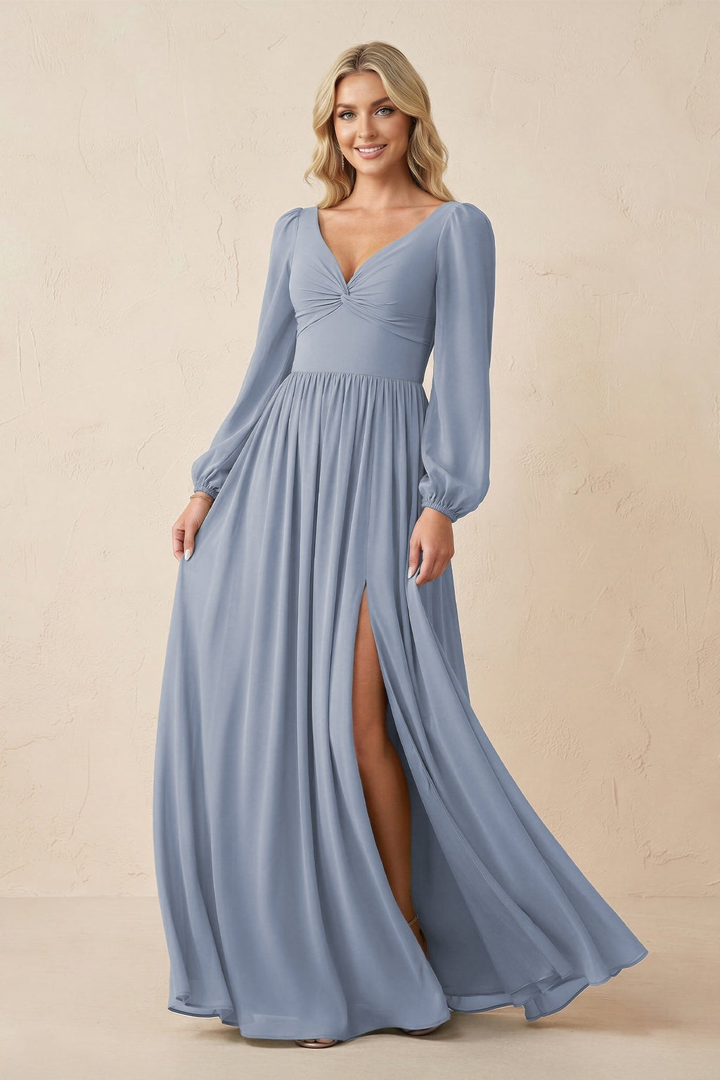Long Sleeve V-Neck A-Line Chiffon Bridesmaid Dress in Twilight - Curvevia