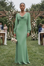Long Sleeve V-Neck Sheath Chiffon Mother of the Bride Dress in Sea Glass - Curvevia