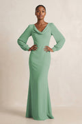 Long Sleeve V-Neck Sheath Chiffon Mother of the Bride Dress in Sea Glass - Curvevia