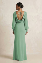 Long Sleeve V-Neck Sheath Chiffon Mother of the Bride Dress in Sea Glass - Curvevia