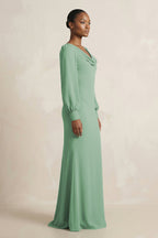 Long Sleeve V-Neck Sheath Chiffon Mother of the Bride Dress in Sea Glass - Curvevia