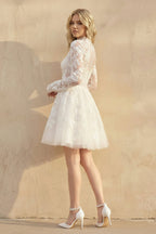 Short White A-Line Illusion Neck Long Sleeves Lace Wedding Dresses - Curvevia