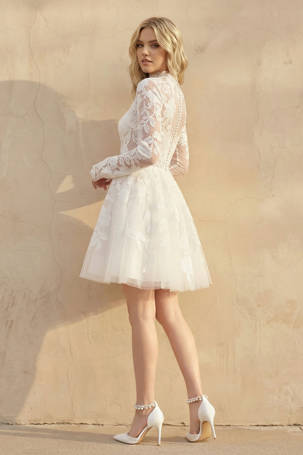 Short White A-Line Illusion Neck Long Sleeves Lace Wedding Dresses - Curvevia