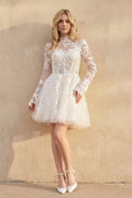 Short White A-Line Illusion Neck Long Sleeves Lace Wedding Dresses - Curvevia