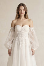 Long Sleeves Tulle A-Line Off-the-Shoulder Wedding Dress in White - Curvevia