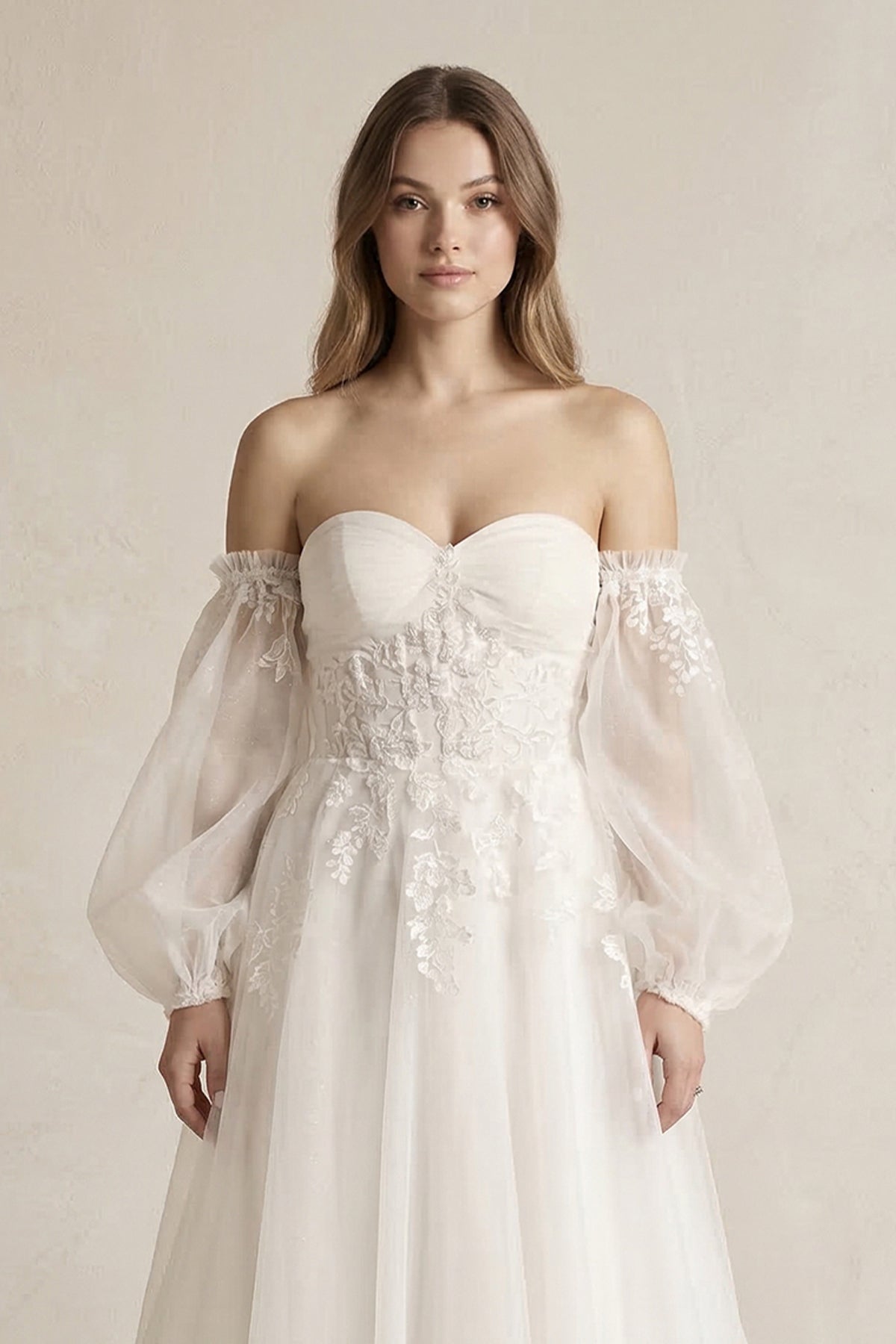 Long Sleeves Tulle A-Line Off-the-Shoulder Wedding Dress in White - Curvevia