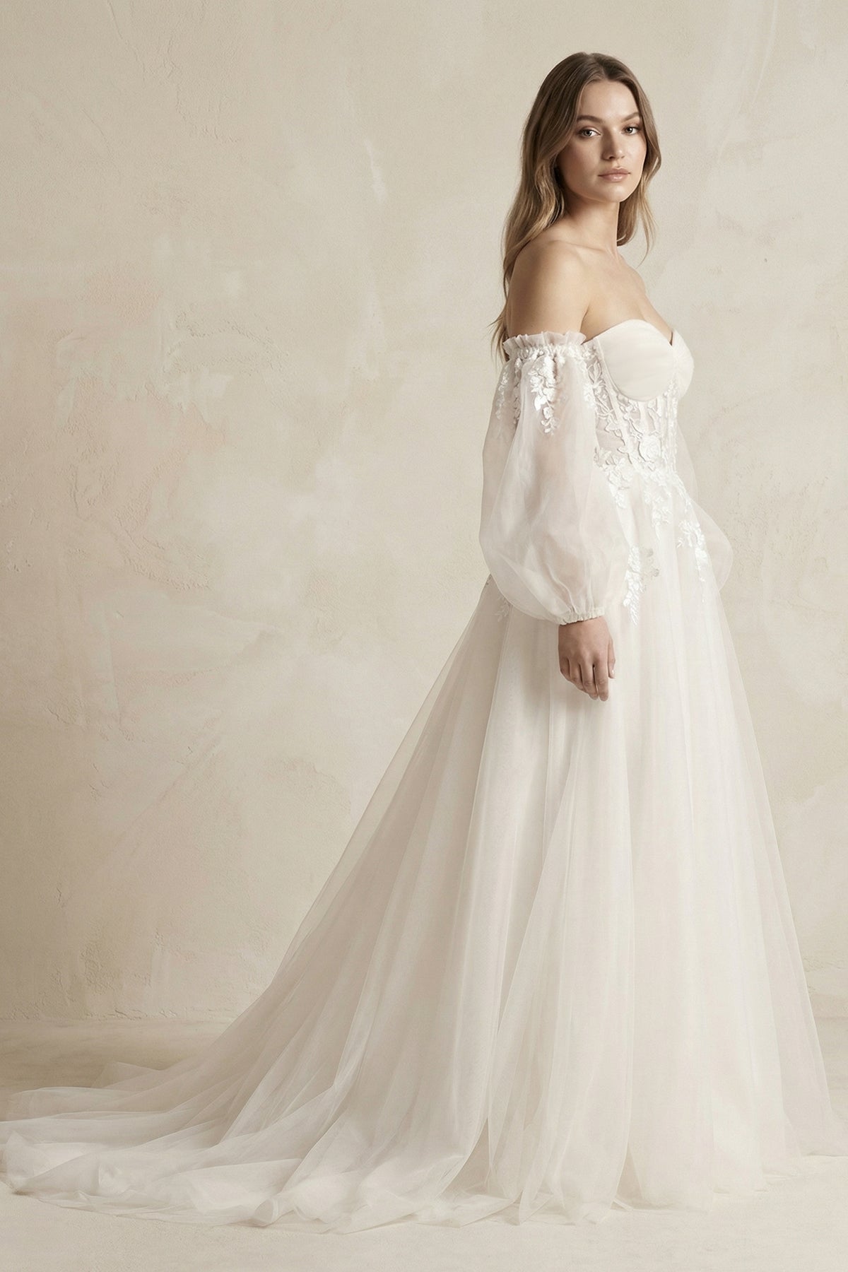 Long Sleeves Tulle A-Line Off-the-Shoulder Wedding Dress in White - Curvevia