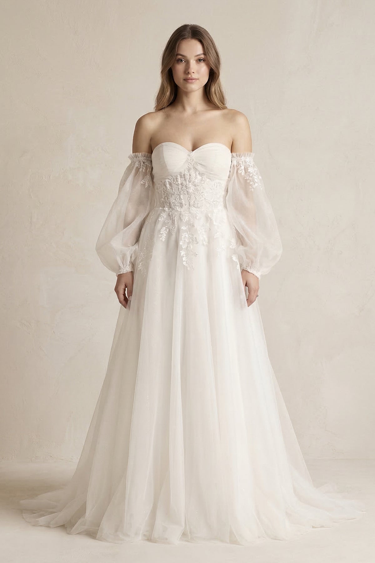 Long Sleeves Tulle A-Line Off-the-Shoulder Wedding Dress in White - Curvevia