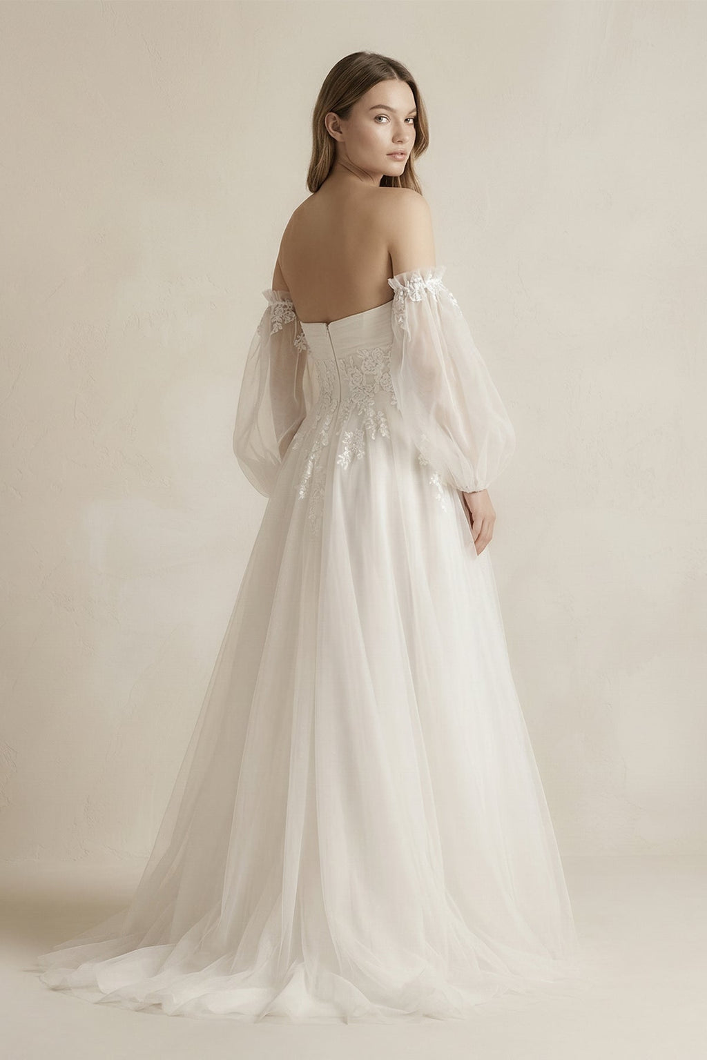 Long Sleeves Tulle A-Line Off-the-Shoulder Wedding Dress in White - Curvevia