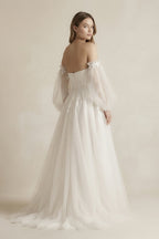 Long Sleeves Tulle A-Line Off-the-Shoulder Wedding Dress in White - Curvevia