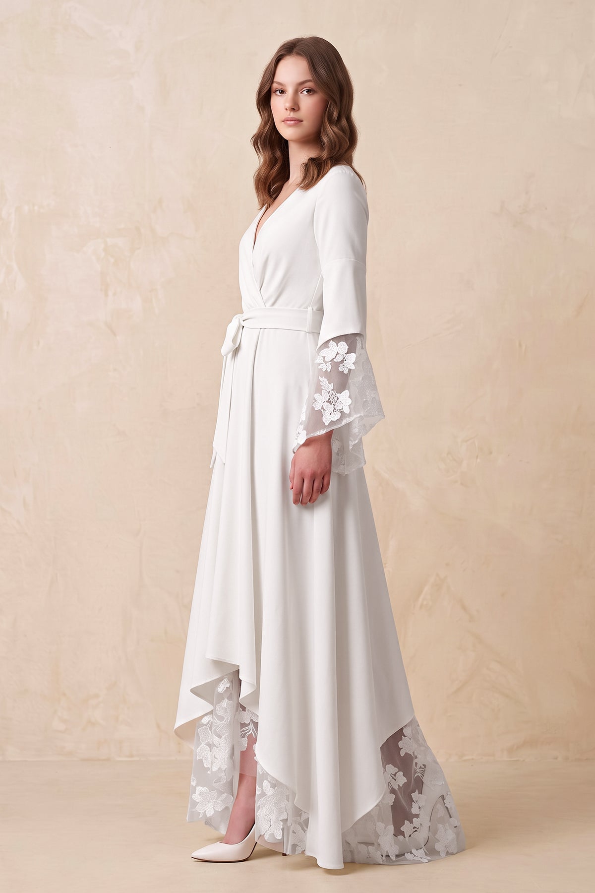 Long Sleeves V Neck Lace Wedding Dress in White - Curvevia