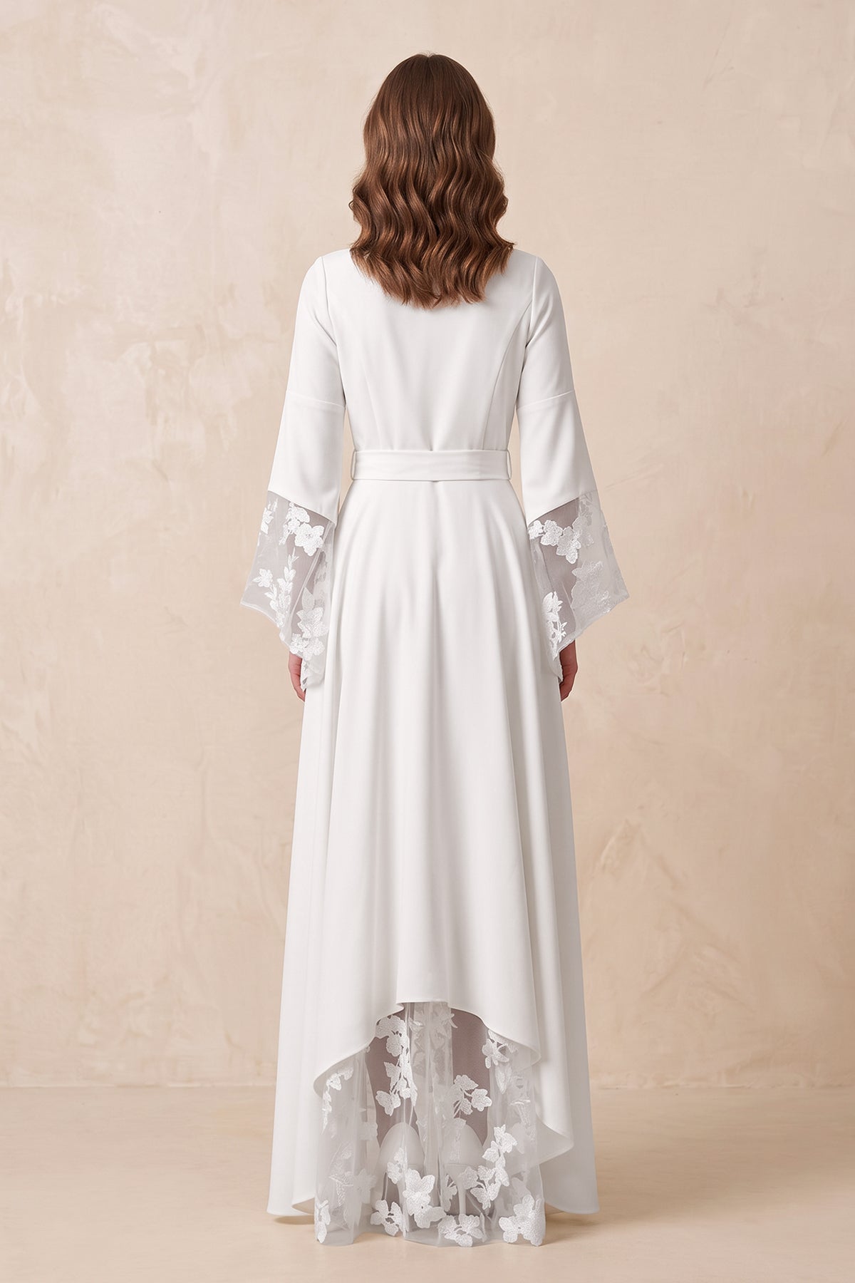 Long Sleeves V Neck Lace Wedding Dress in White - Curvevia