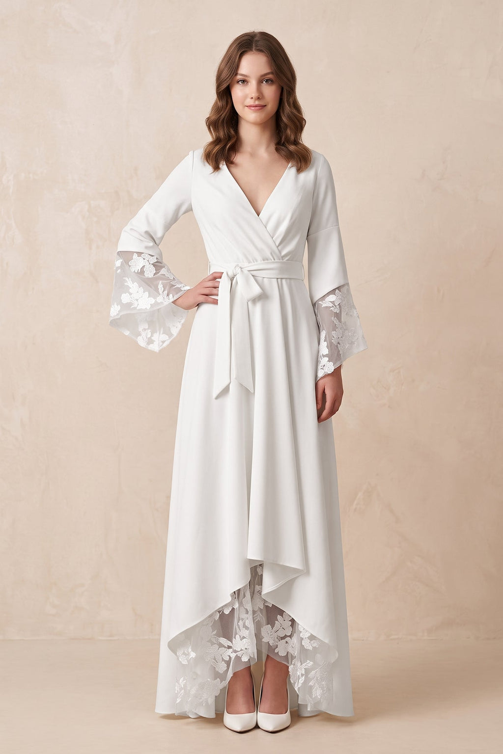 Long Sleeves V Neck Lace Wedding Dress in White - Curvevia