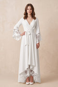 Long Sleeves V Neck Lace Wedding Dress in White - Curvevia