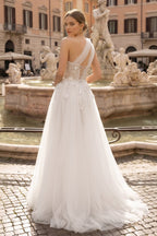 Light Yellow One Shoulder 3D Appliques Beading Long Prom Dress with Slit - Curvevia