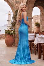 Silver Spaghetti Straps Mermaid Satin Beaded Long Formal Prom Dresses With Slit - Curvevia
