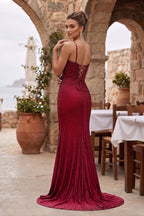 Silver Spaghetti Straps Mermaid Satin Beaded Long Formal Prom Dresses With Slit - Curvevia