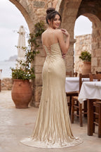 Silver Spaghetti Straps Mermaid Satin Beaded Long Formal Prom Dresses With Slit - Curvevia