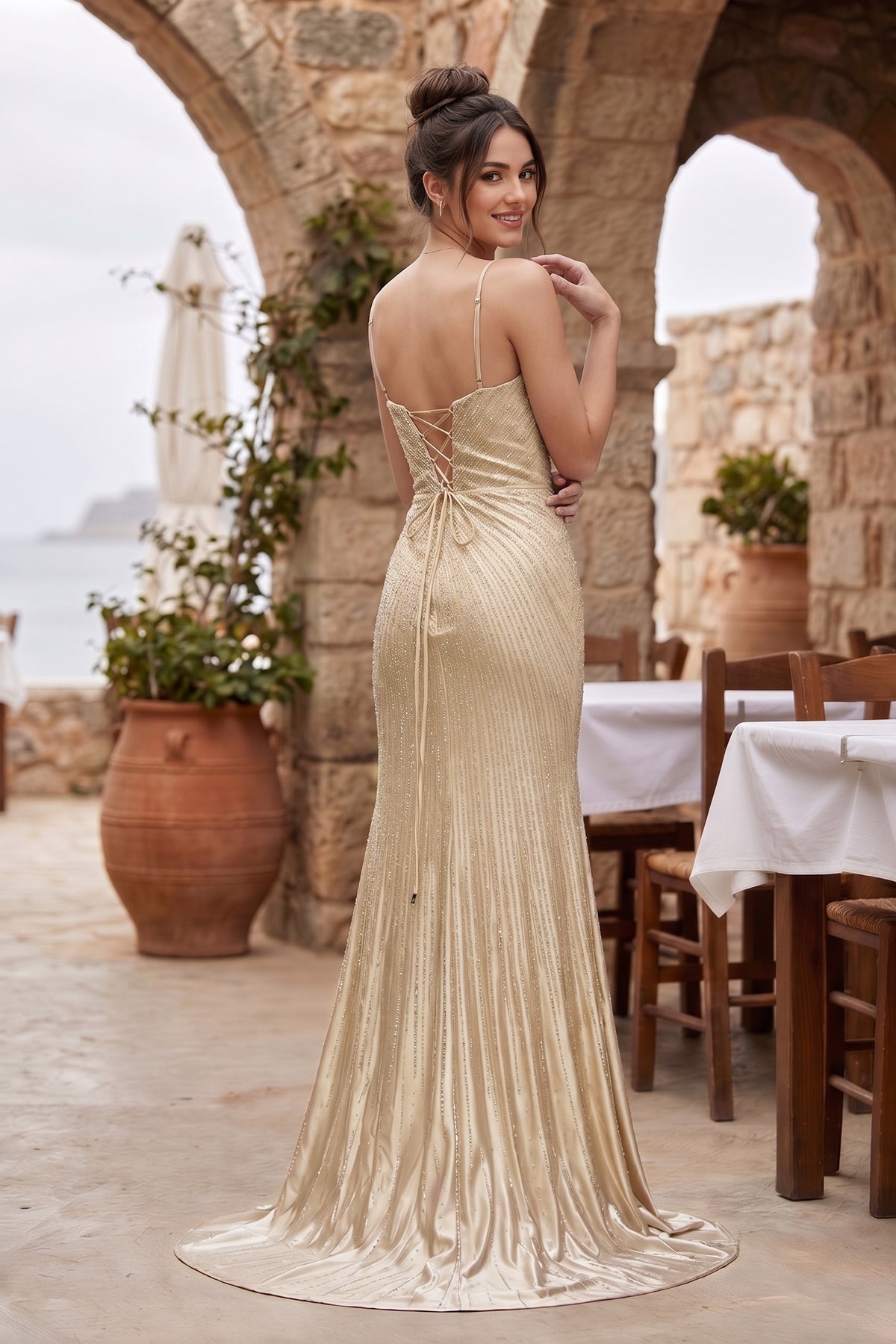 Silver Spaghetti Straps Mermaid Satin Beaded Long Formal Prom Dresses With Slit - Curvevia