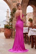 Silver Spaghetti Straps Mermaid Satin Beaded Long Formal Prom Dresses With Slit - Curvevia
