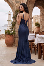 Silver Spaghetti Straps Mermaid Satin Beaded Long Formal Prom Dresses With Slit - Curvevia
