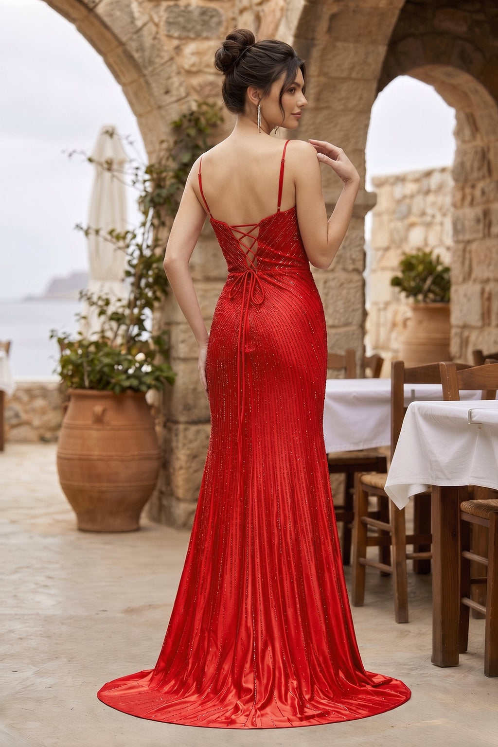 Silver Spaghetti Straps Mermaid Satin Beaded Long Formal Prom Dresses With Slit - Curvevia