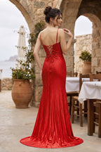 Silver Spaghetti Straps Mermaid Satin Beaded Long Formal Prom Dresses With Slit - Curvevia