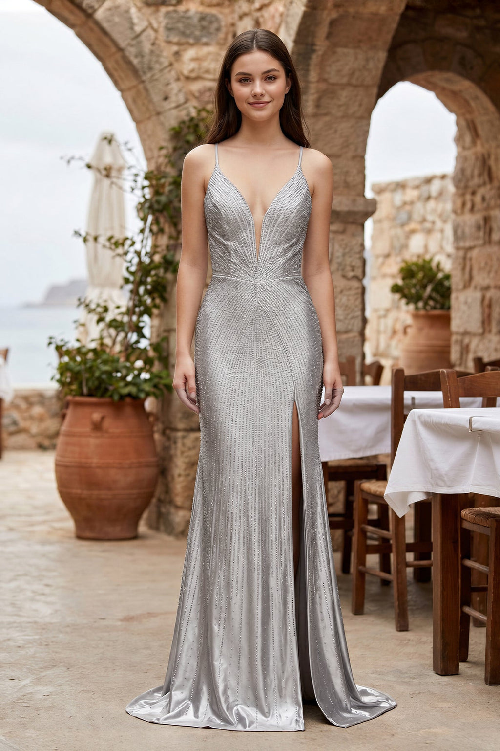 Silver Spaghetti Straps Mermaid Satin Beaded Long Formal Prom Dresses With Slit - Curvevia