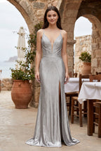 Silver Spaghetti Straps Mermaid Satin Beaded Long Formal Prom Dresses With Slit - Curvevia