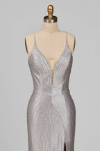 Silver Spaghetti Straps Mermaid Satin Beaded Long Formal Prom Dresses With Slit - Curvevia
