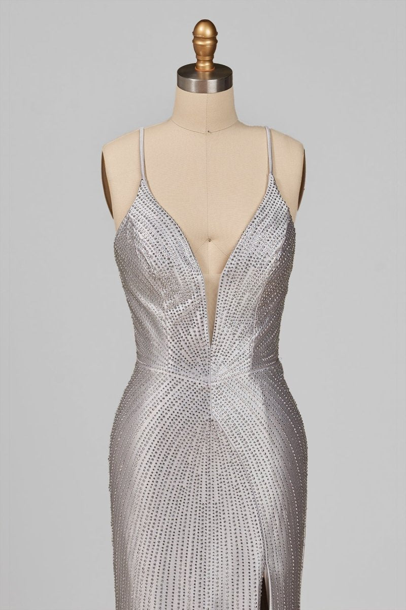 Silver Spaghetti Straps Mermaid Satin Beaded Long Formal Prom Dresses With Slit - Curvevia