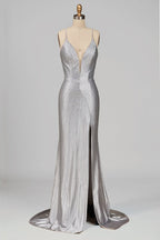 Silver Spaghetti Straps Mermaid Satin Beaded Long Formal Prom Dresses With Slit - Curvevia