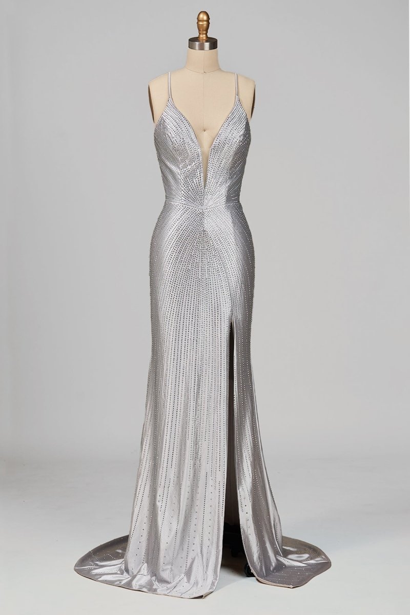 Silver Spaghetti Straps Mermaid Satin Beaded Long Formal Prom Dresses With Slit - Curvevia