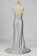 Silver Spaghetti Straps Mermaid Satin Beaded Long Formal Prom Dresses With Slit - Curvevia