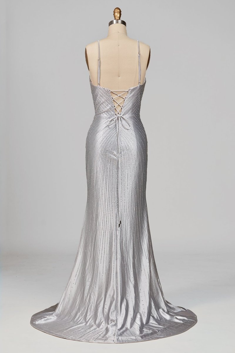 Silver Spaghetti Straps Mermaid Satin Beaded Long Formal Prom Dresses With Slit - Curvevia