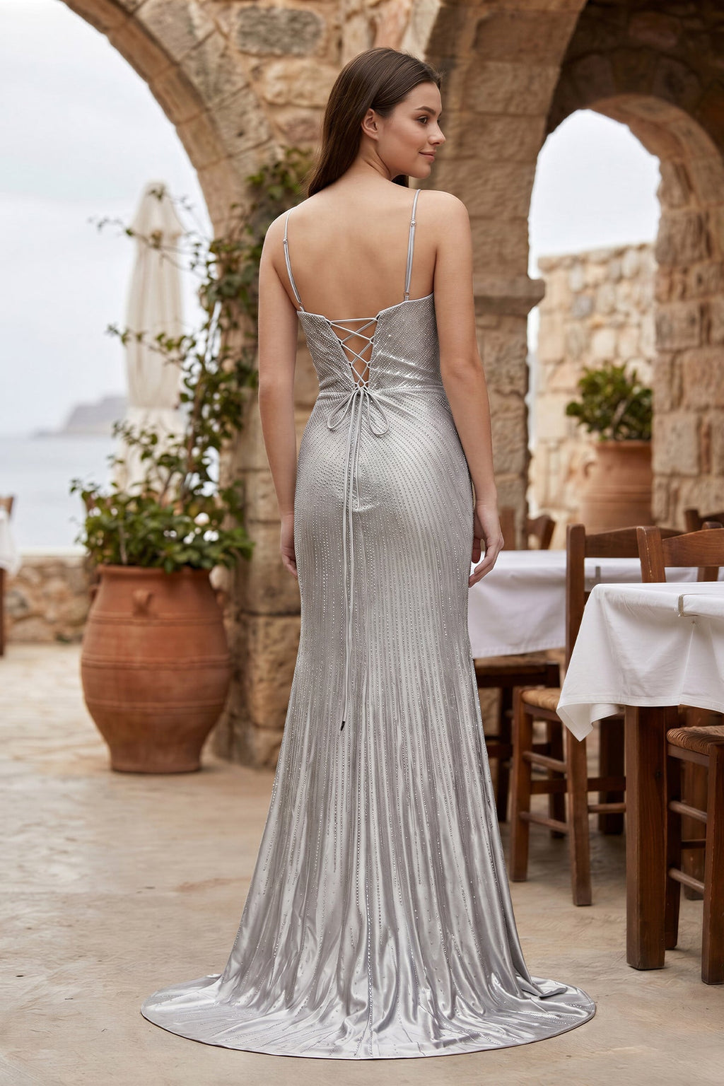 Silver Spaghetti Straps Mermaid Satin Beaded Long Formal Prom Dresses With Slit - Curvevia