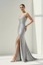 Silver Spaghetti Straps Mermaid Satin Beaded Long Formal Prom Dresses With Slit - Curvevia