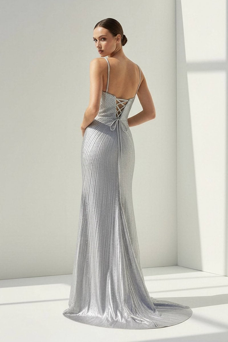 Silver Spaghetti Straps Mermaid Satin Beaded Long Formal Prom Dresses With Slit - Curvevia