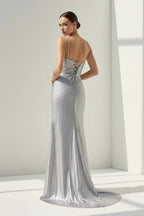 Silver Spaghetti Straps Mermaid Satin Beaded Long Formal Prom Dresses With Slit - Curvevia
